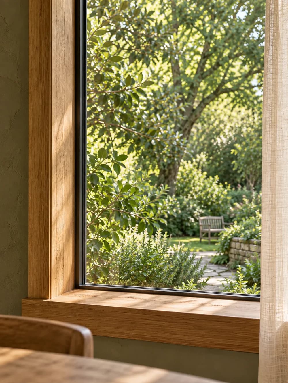 Une fenêtre en bois ouvre le regard sur un jardin lumineux.